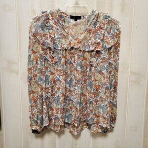 100% Silk Frye Ruffle Blouse Boho Peasant Balloon Sleeve